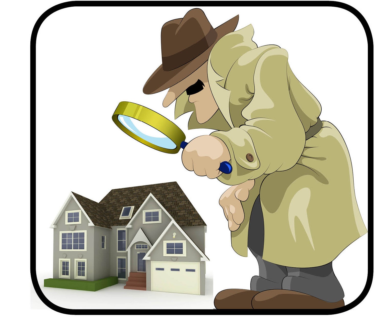 giant cartoon man inspecting house with magnifying glass